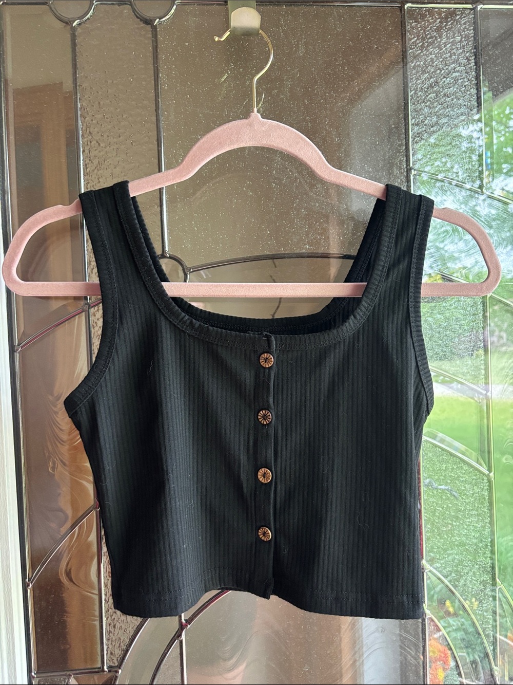 Black Ribbed Button-Front Crop Tank